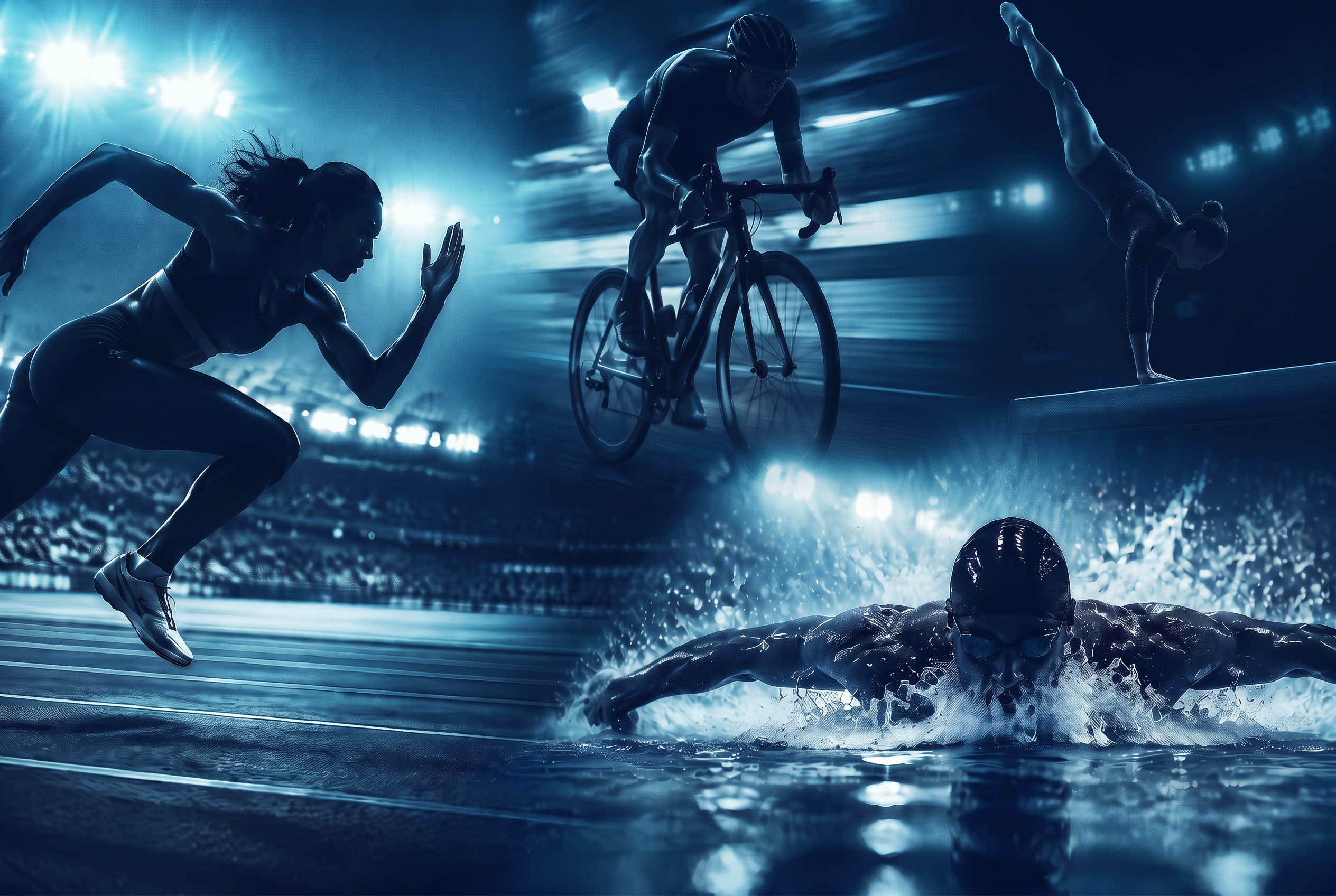Athletes from track, gymnastics, cycling and swimming competing under stadium lights