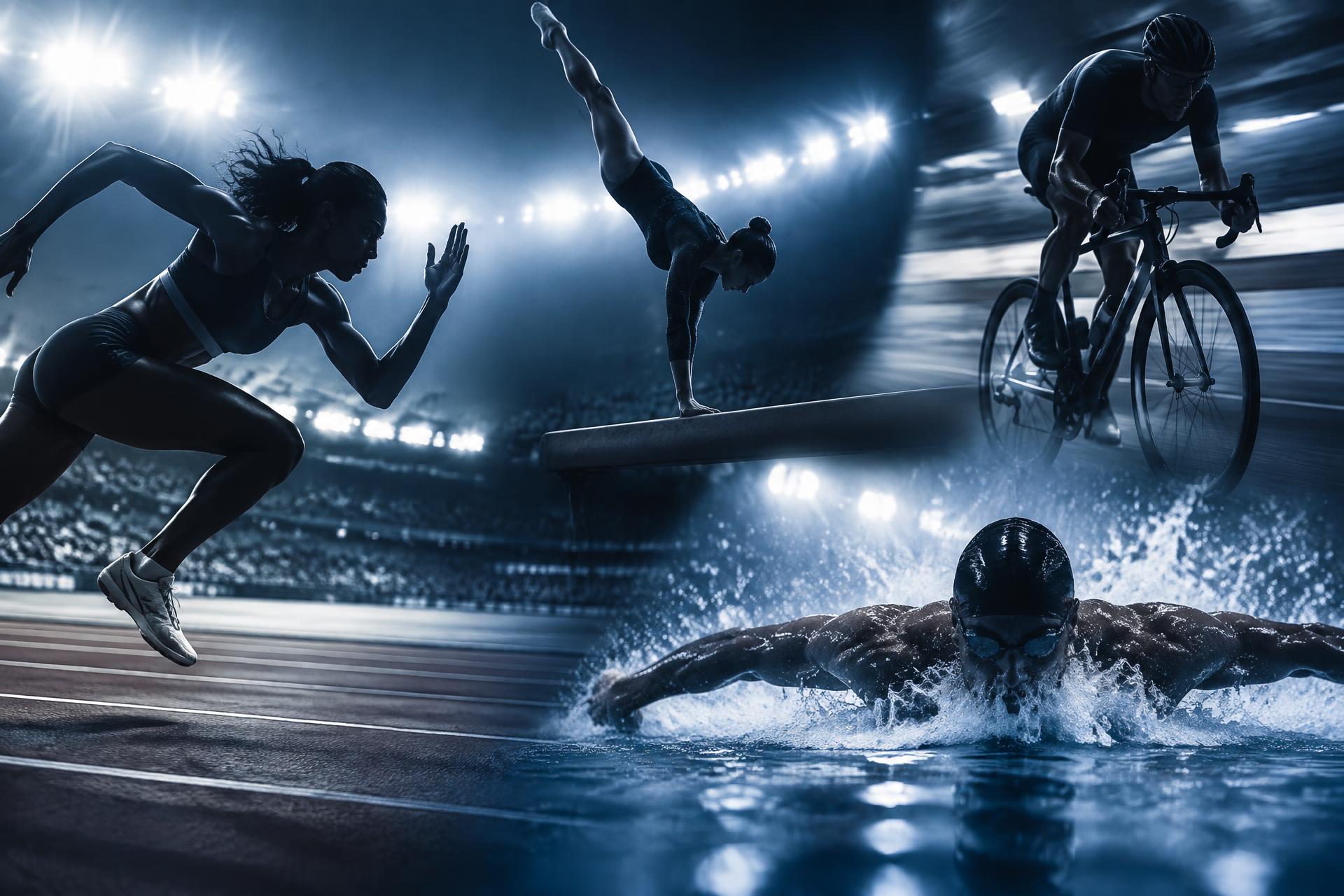 Athletes from track, gymnastics, cycling and swimming competing under stadium lights
